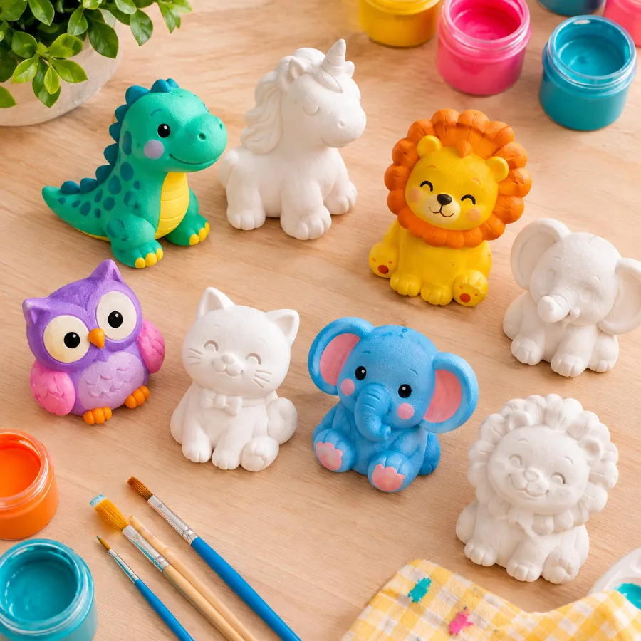 Animais de gesso para pintar: dinossauro, unicórnio, leãozinho e coruja