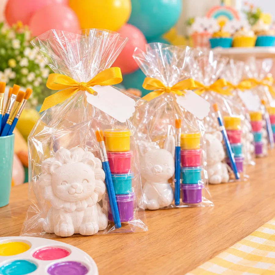 Kit pinte seu gesso com peça, tintas e pincel embalados para festa de aniversário